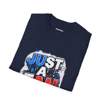 Just A Fan T-Shirt | Patriotic Red White Blue Drip Design