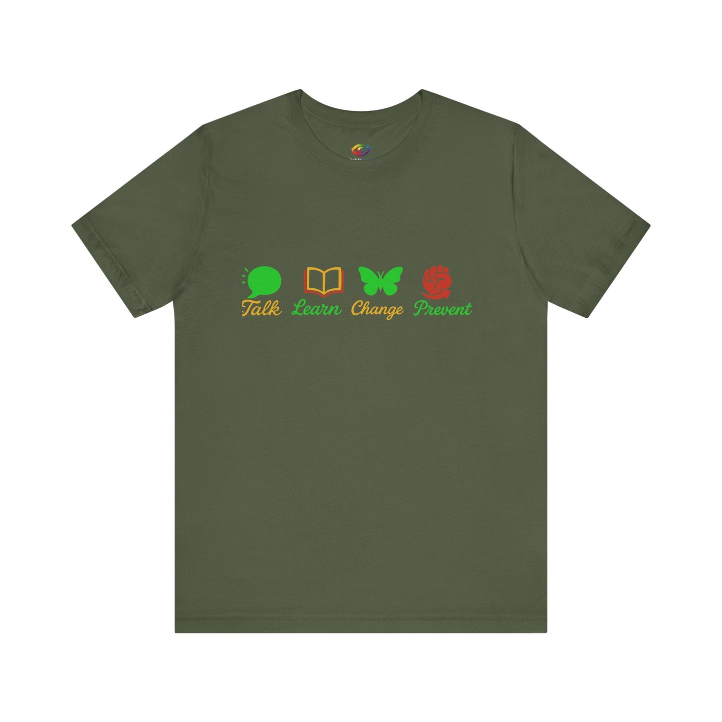 Talk Learn Change Prevent Gambling Addiction Recovery T-Shirt – red–black–green tricoloDesign by GambleFreeGear”