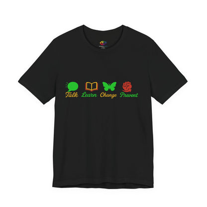 Talk Learn Change Prevent Gambling Addiction Recovery T-Shirt – red–black–green tricoloDesign by GambleFreeGear”