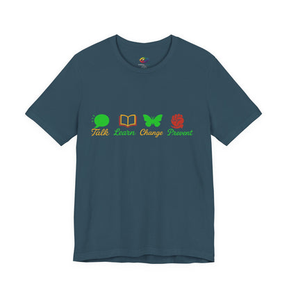 Talk Learn Change Prevent Gambling Addiction Recovery T-Shirt – red–black–green tricoloDesign by GambleFreeGear”