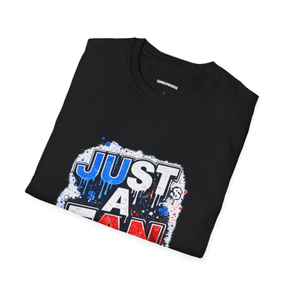 Just A Fan T-Shirt | Patriotic Red White Blue Drip Design