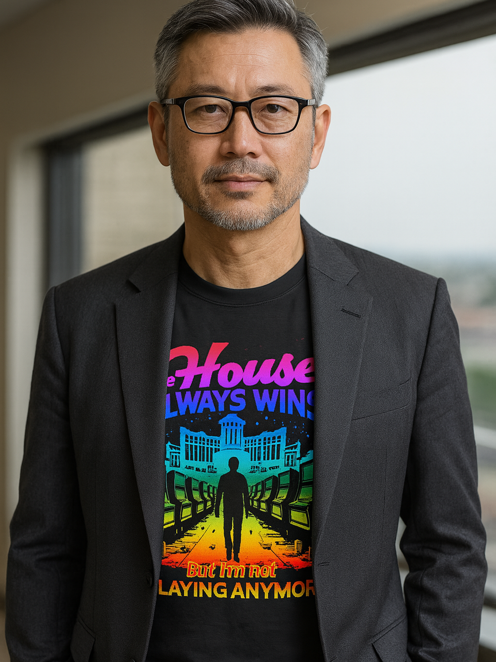 Man wearing a black jacket over a colorful graphic t-shirt with text.