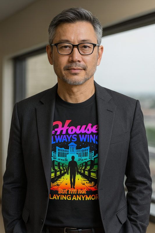 Man wearing a black jacket over a colorful graphic t-shirt with text.